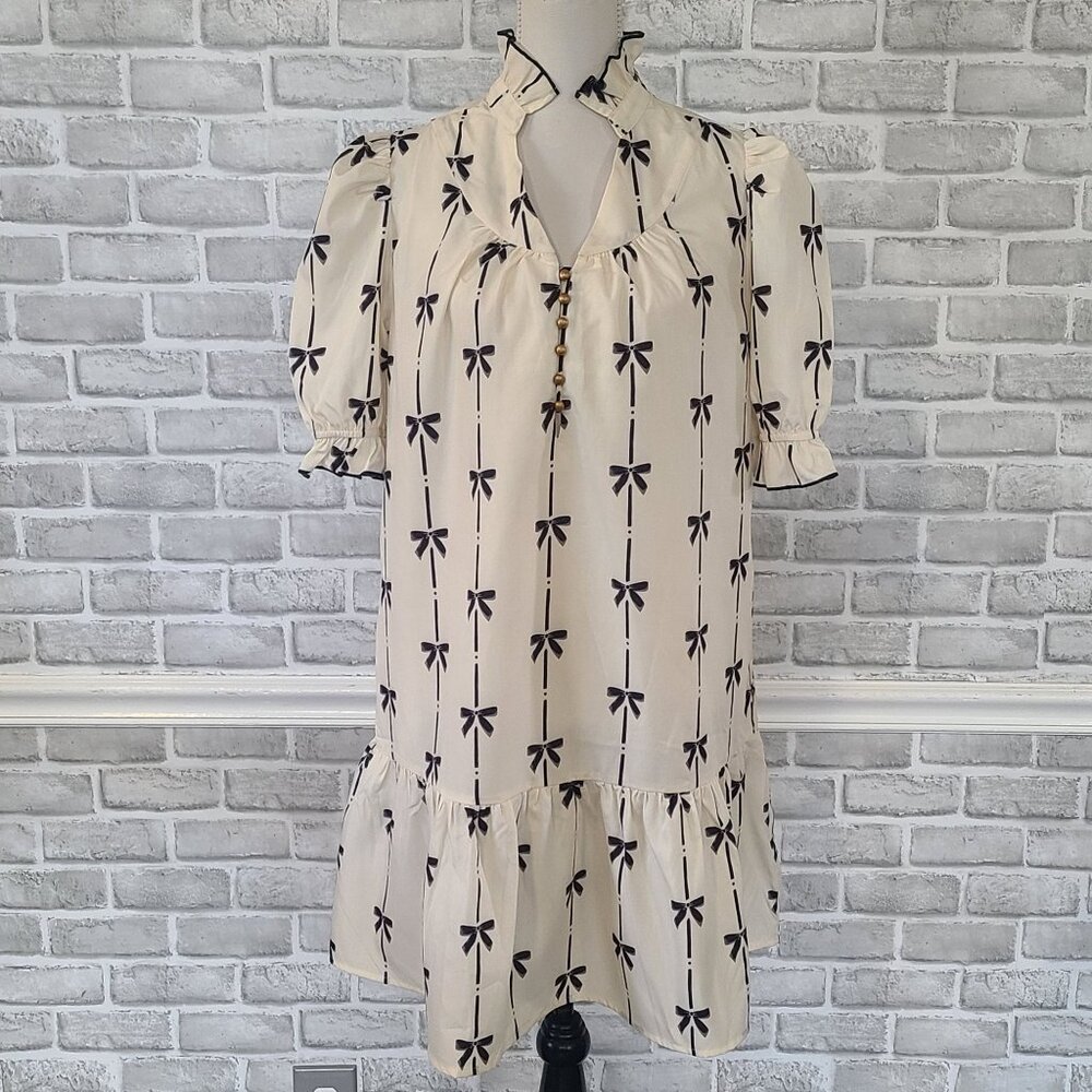 Boutique Bubble Sleeve Mini Swing Dress Bow Print NEW Med Coquette Cottagecore